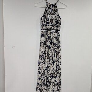Dressbarn Floral Halter Maxi Bress Navy Blue White Size 8 Petite